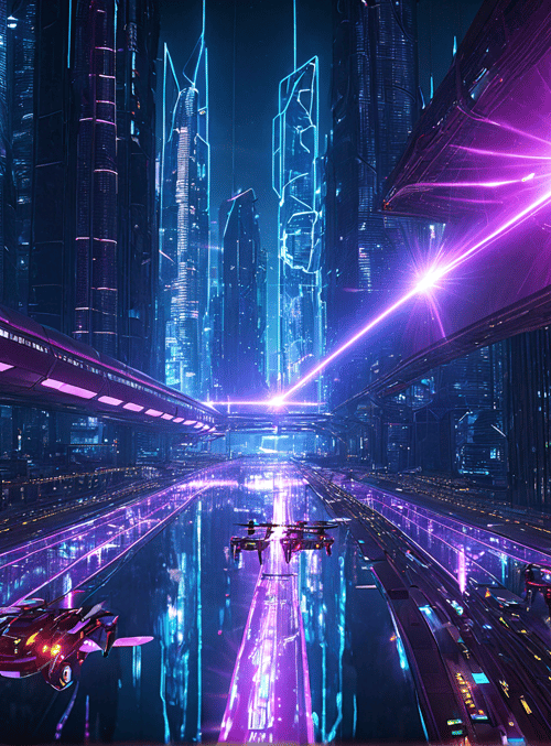 city, futuristic vehicles, buildings