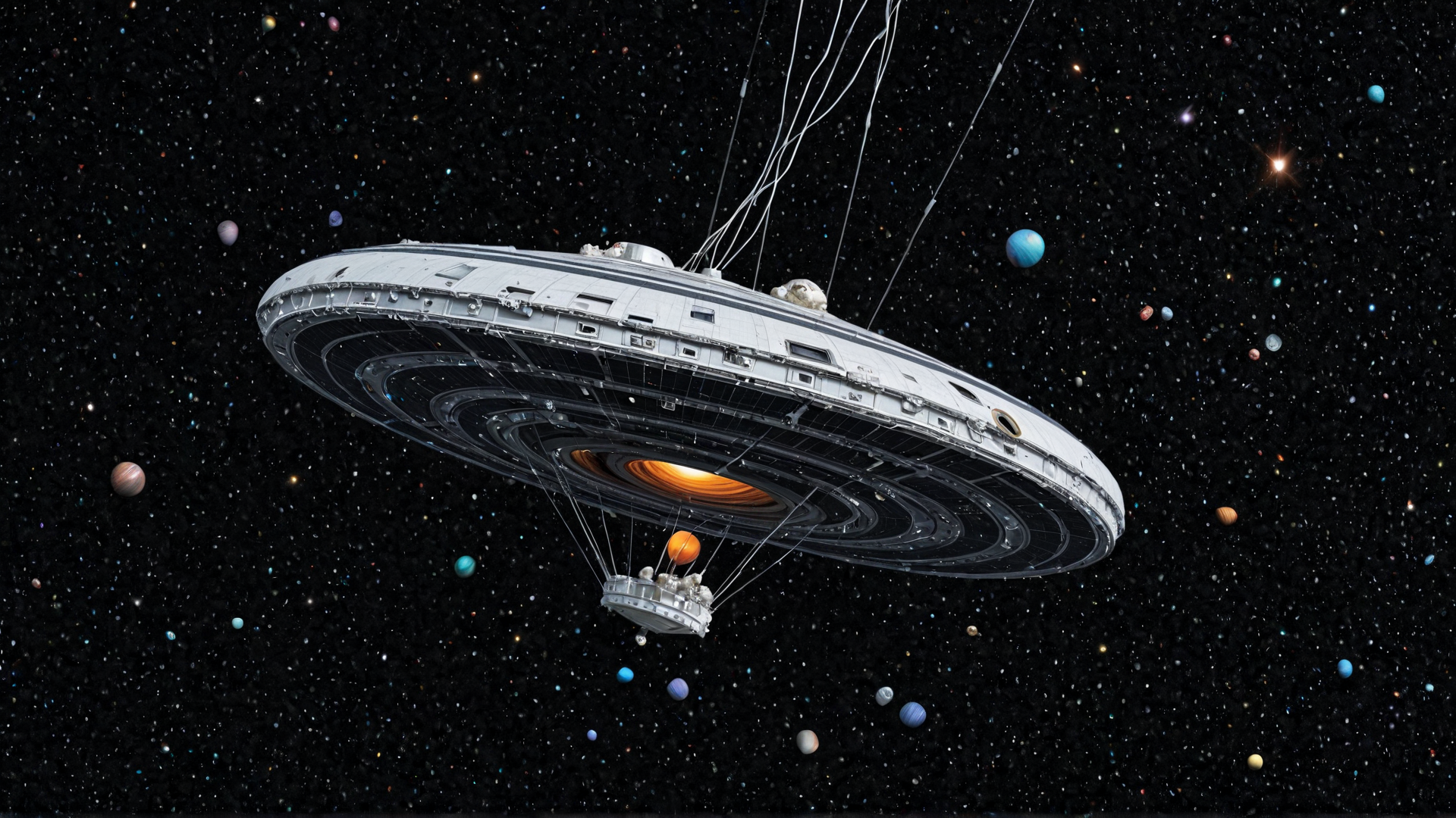 AI generated wallpaper featuring spaceship, galaxy, planets