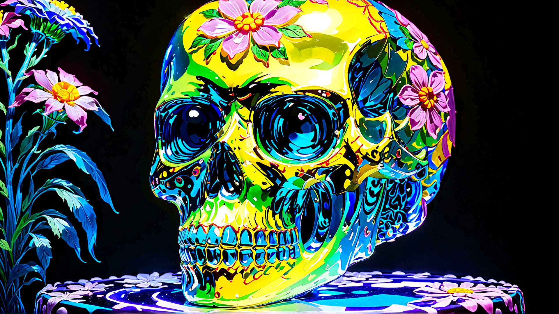 AI generated wallpaper featuring skull, flowers, art