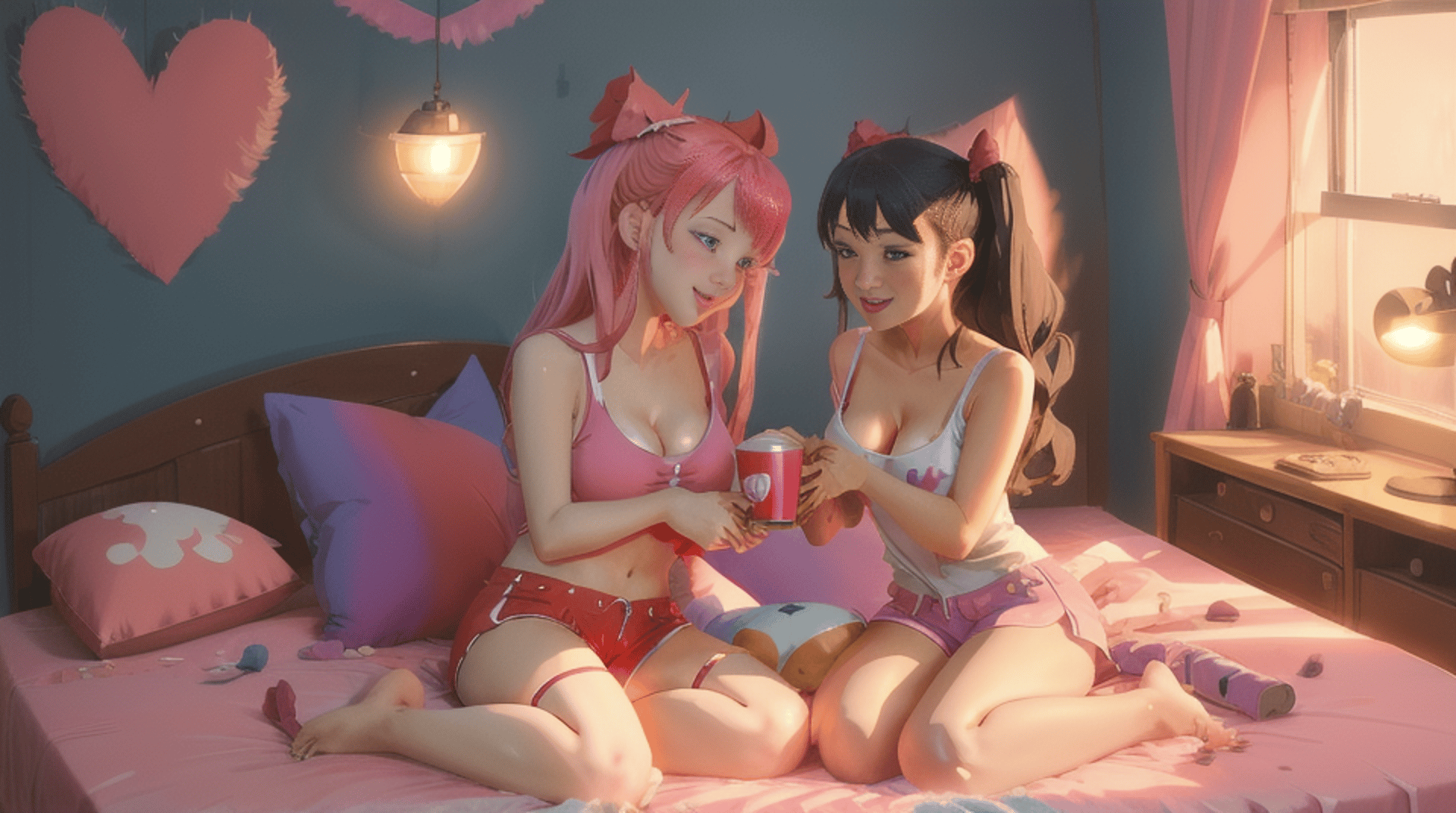 AI generated wallpaper featuring girls, bed, cup