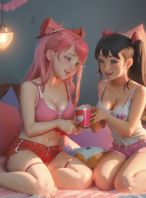 girls, bed, cup