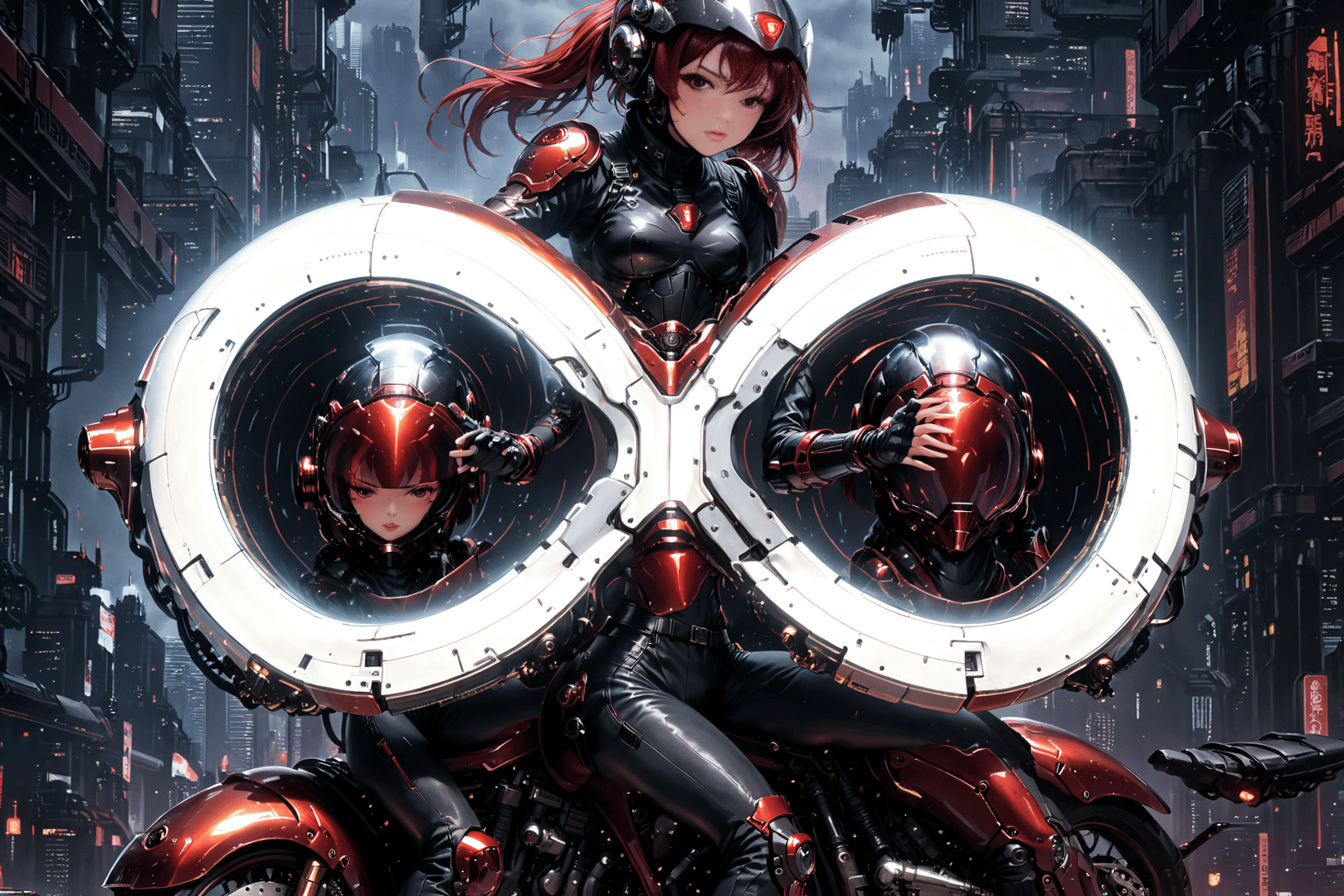 AI generated wallpaper featuring cyborg, motorcycle, helmet