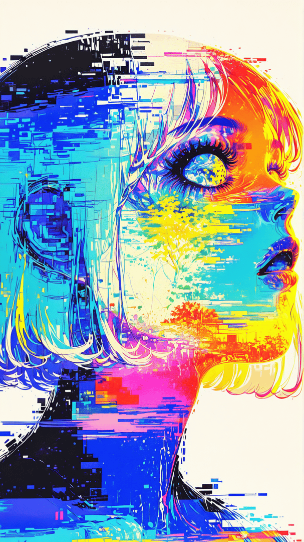 AI generated wallpaper featuring face, woman, hair, eye, tree, city