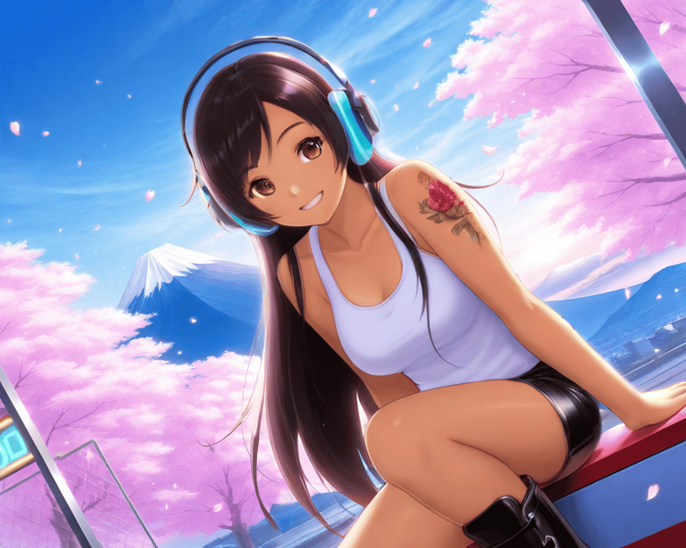 AI generated wallpaper featuring girl, cherry blossoms, mountain