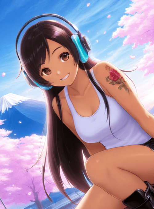 girl, cherry blossoms, mountain