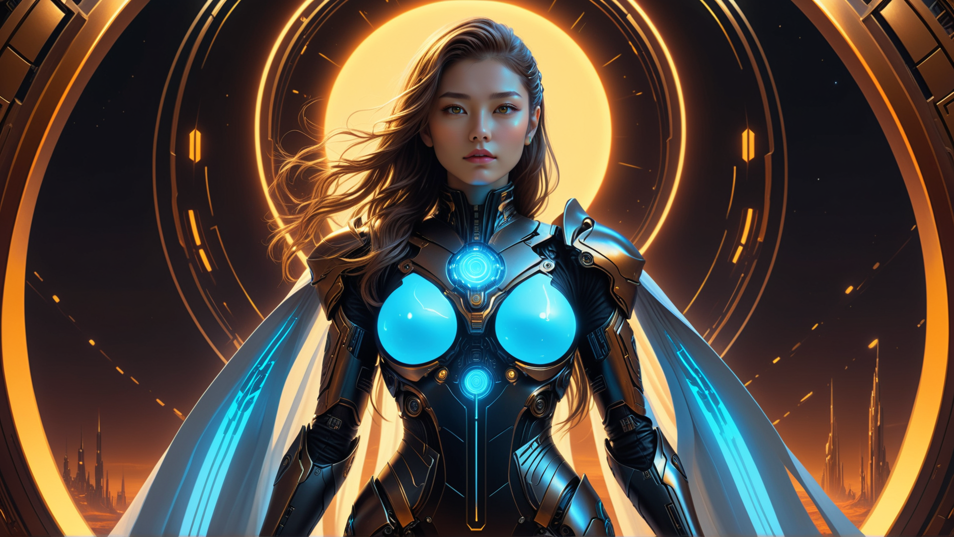 AI generated wallpaper featuring woman, cyborg, armor, cape