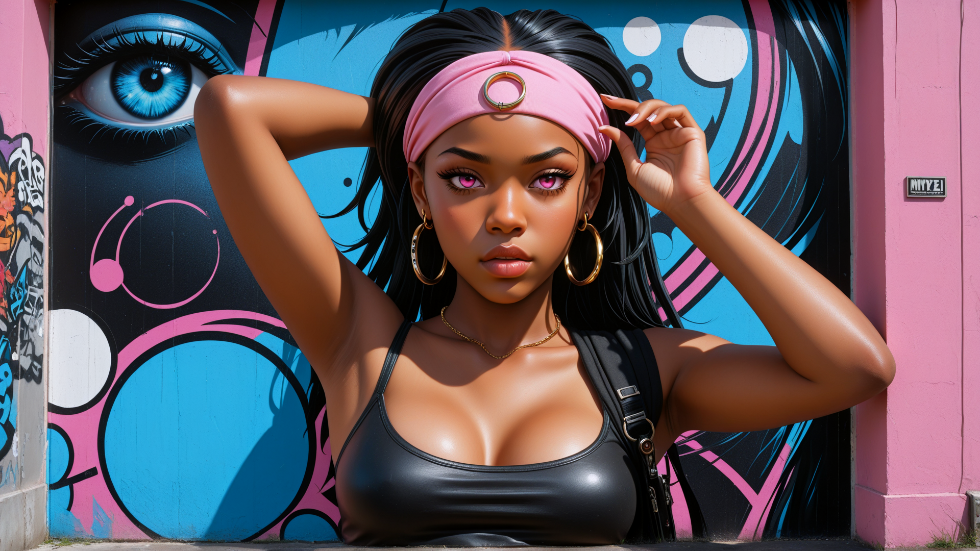 AI generated wallpaper featuring woman, headband, earrings, tank top, backpack, graffiti, wall, glasses
