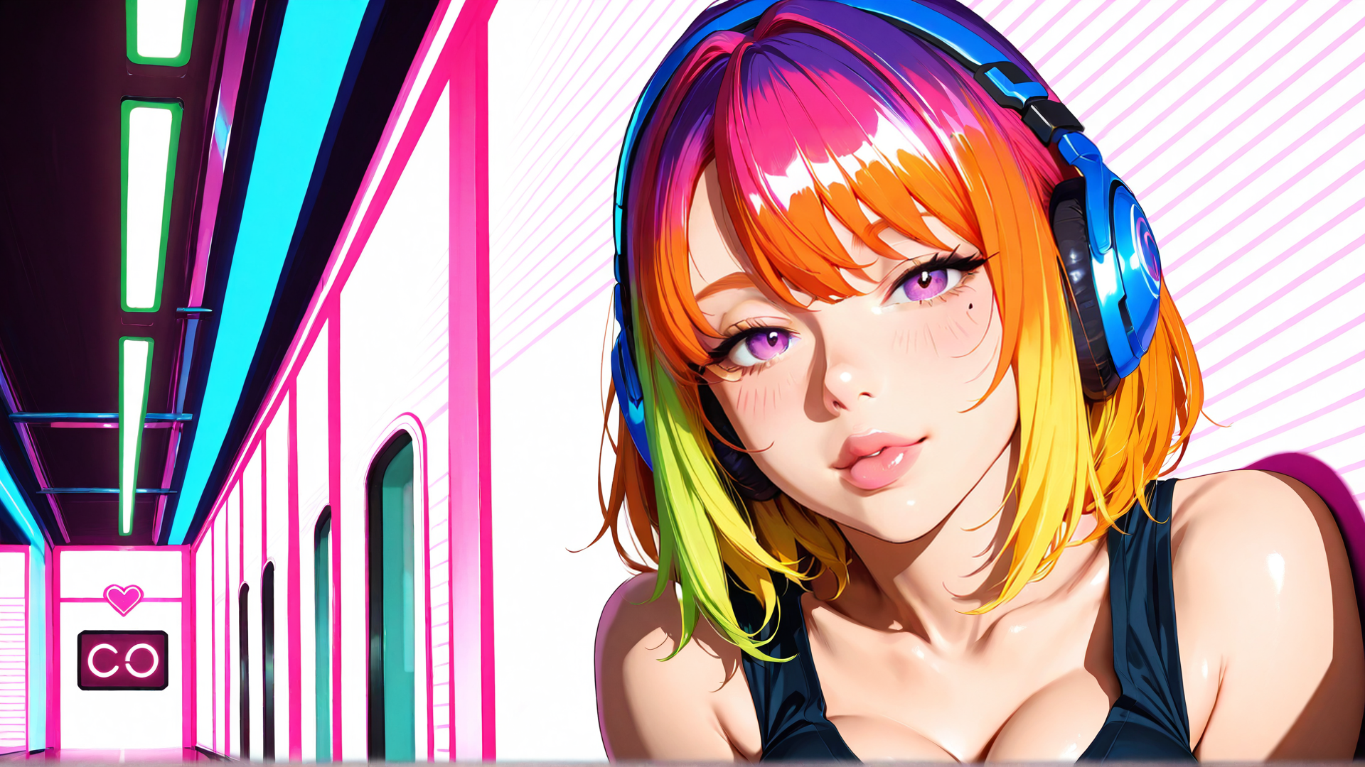 AI generated wallpaper featuring girl, headphones, hair, building, corridor