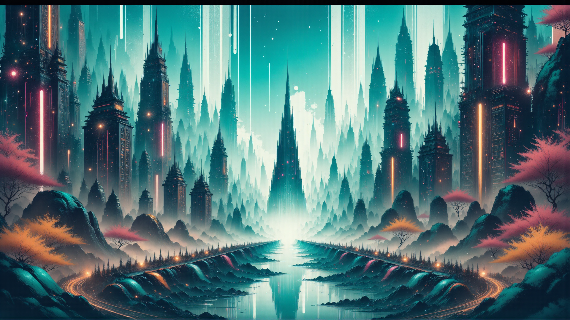 AI generated wallpaper featuring city, skyscrapers, mountains, river, trees, buildings, futurism, landscapes, water, sky