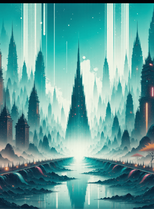 city, skyscrapers, mountains, river, trees, buildings, futurism, landscapes, water, sky