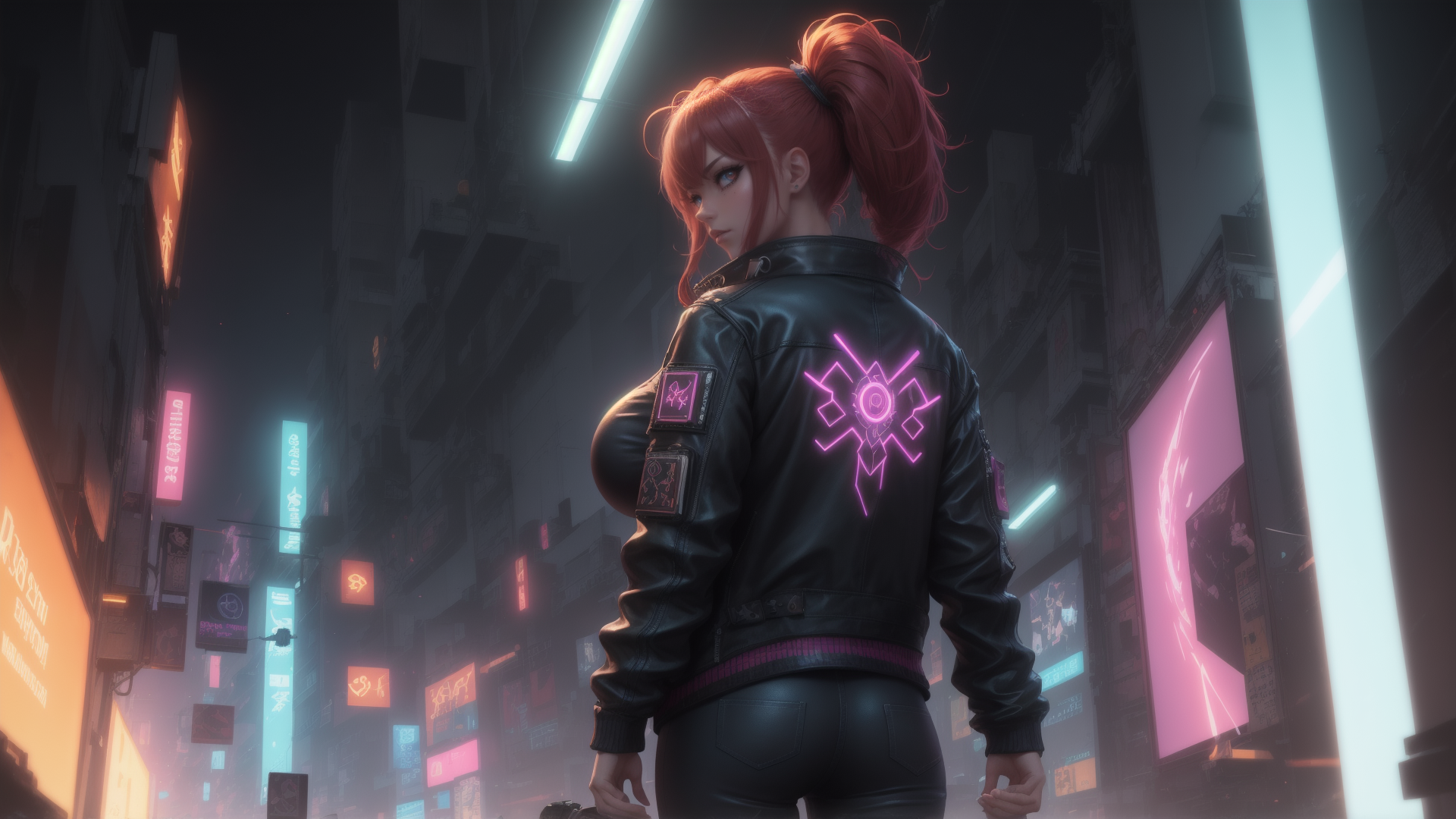 AI generated wallpaper featuring woman, cyberpunk, neon