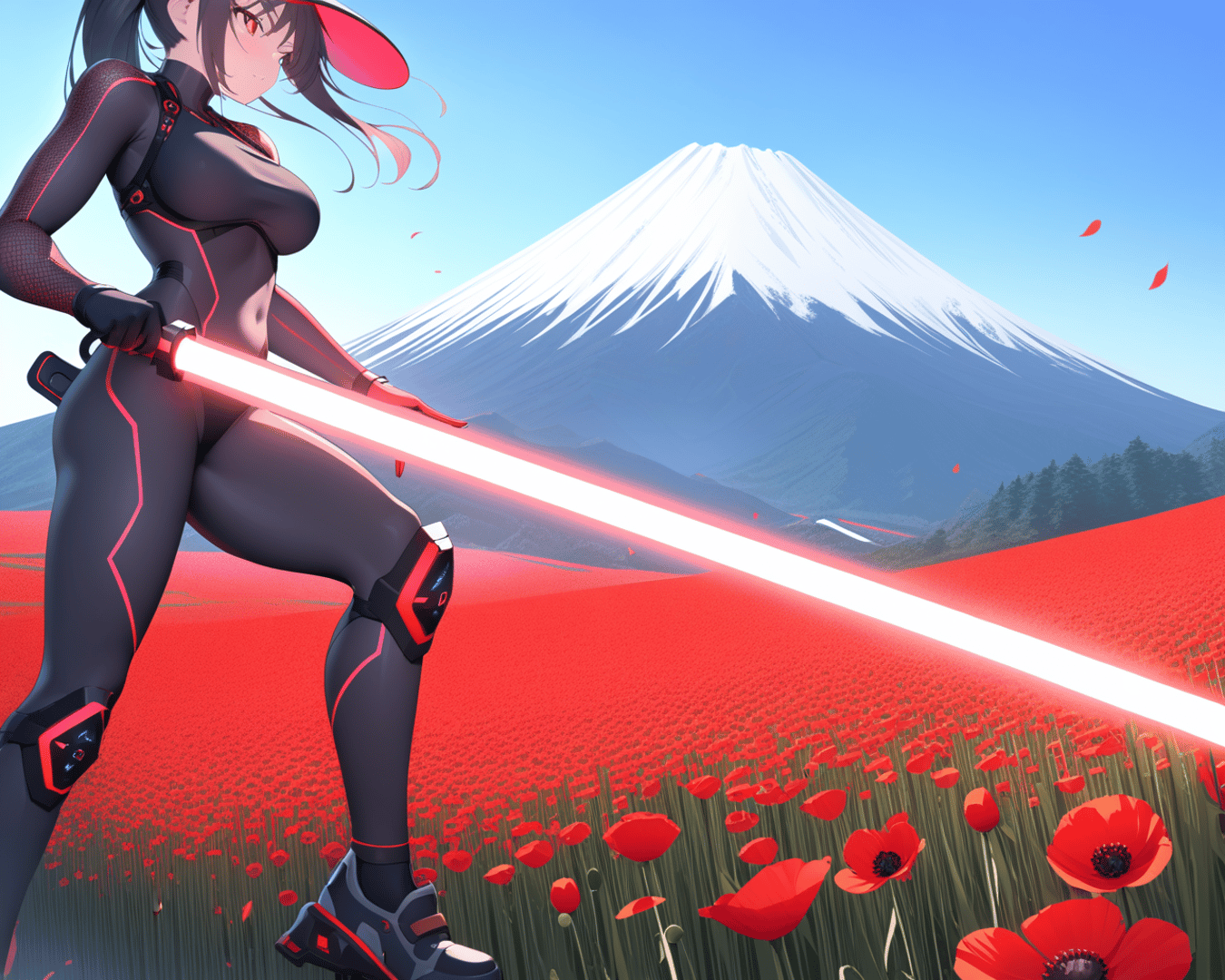 AI generated wallpaper featuring anime girl, sword, mount fuji