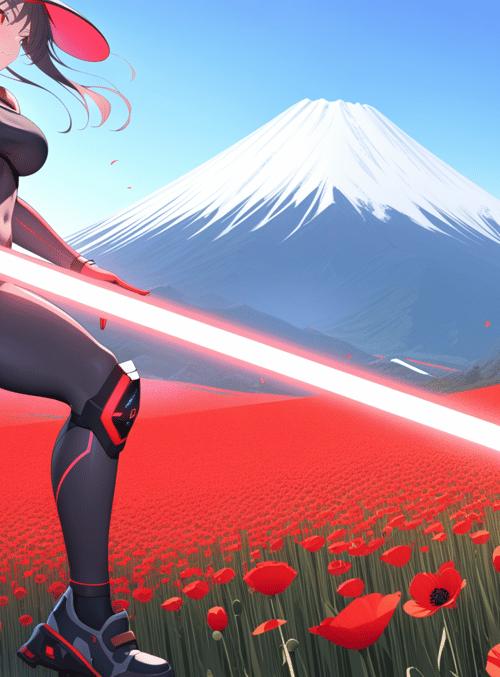 anime girl, sword, mount fuji