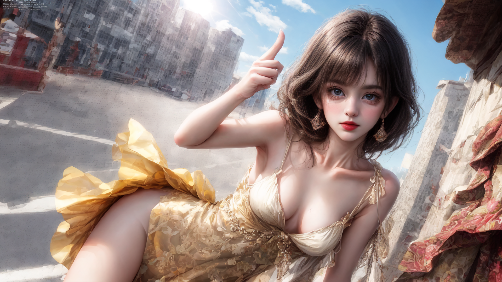 AI generated wallpaper featuring woman, dress, city
