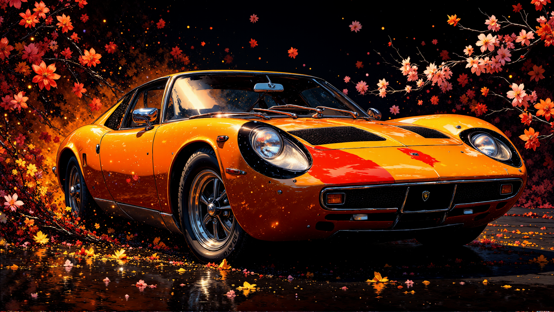 AI generated wallpaper featuring car, flowers, trees, road, leaves, cherry blossoms, sports car, vehicle, autumn, background