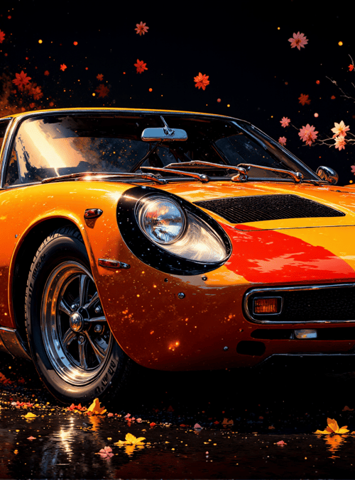 car, flowers, trees, road, leaves, cherry blossoms, sports car, vehicle, autumn, background