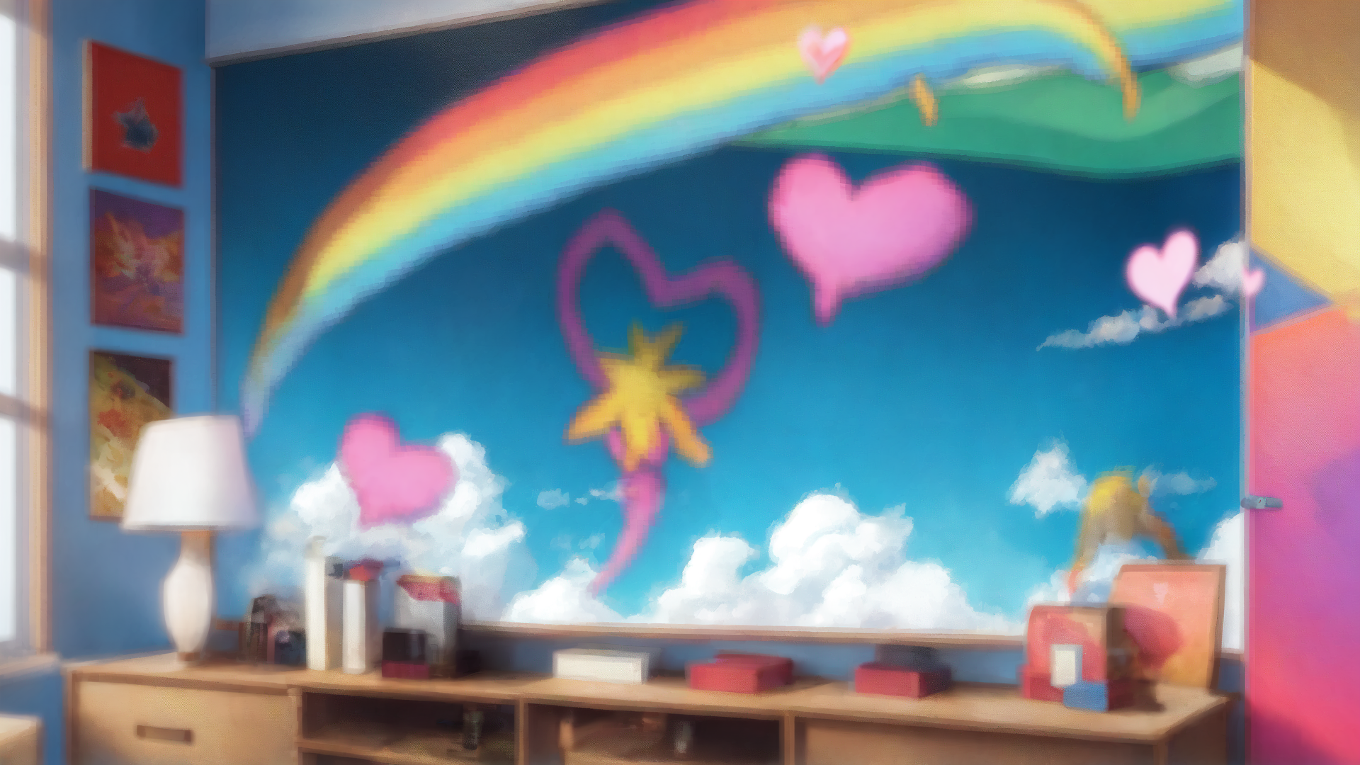 AI generated wallpaper featuring rainbow, heart, star