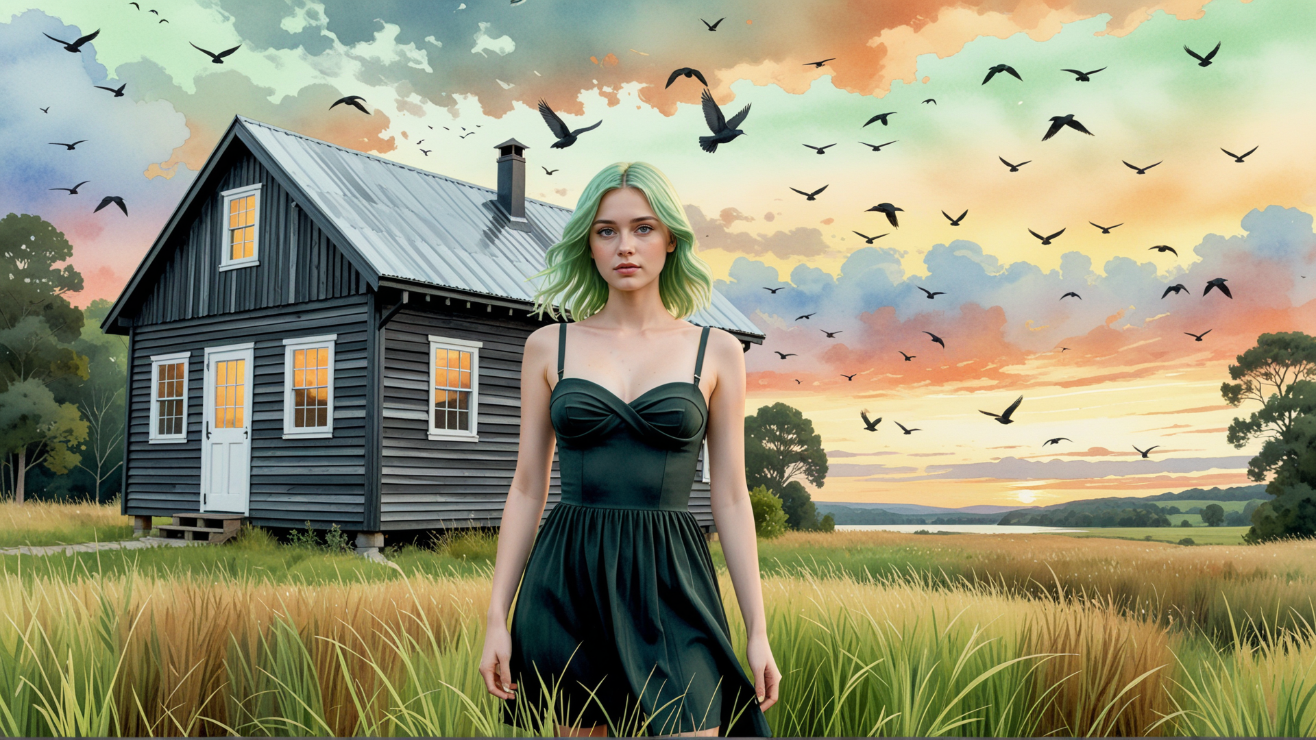 AI generated wallpaper featuring woman, house, birds, grass, trees, sky