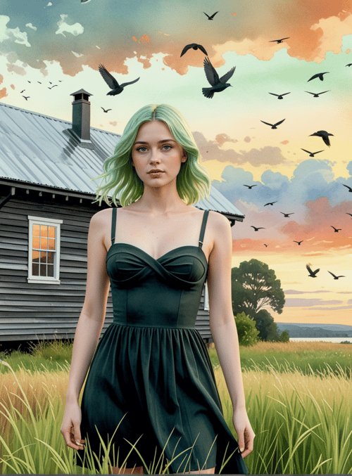 woman, house, birds, grass, trees, sky