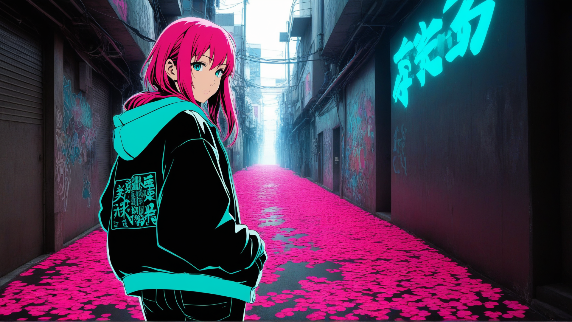 AI generated wallpaper featuring anime girl, alleyway, neon sign