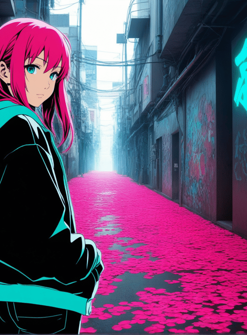anime girl, alleyway, neon sign