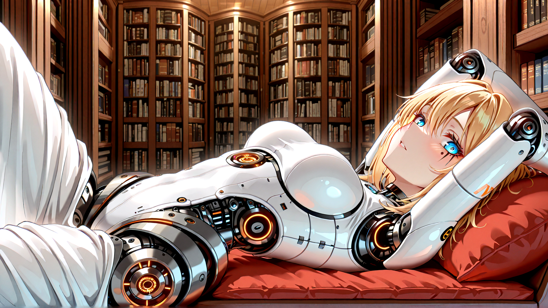 AI generated wallpaper featuring robot, anime girl, bookshelf, pillow, mechanical arm