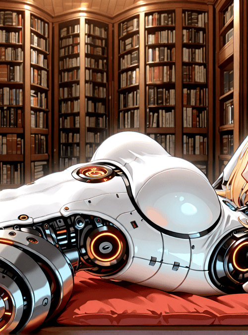 robot, anime girl, bookshelf, pillow, mechanical arm