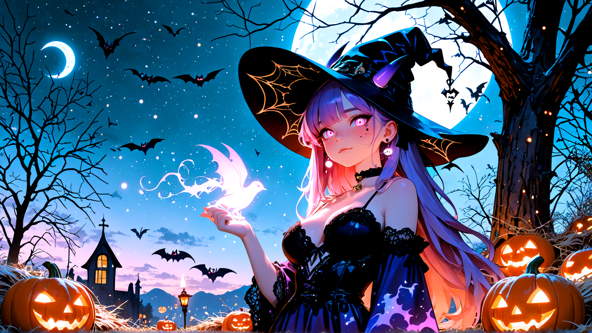 AI generated wallpaper featuring witch, pumpkin, bat, moon, tree, bird, candle, lantern, cross, ghost