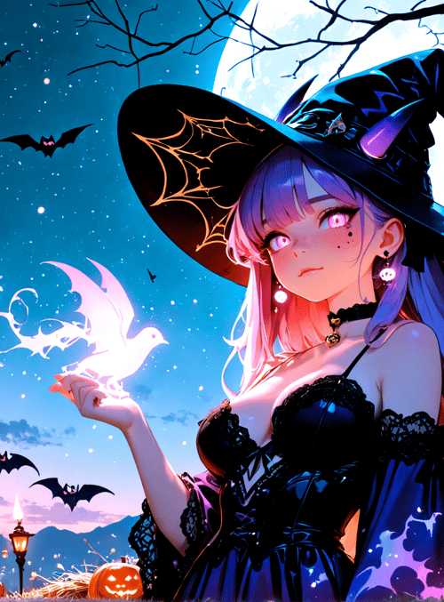 witch, pumpkin, bat, moon, tree, bird, candle, lantern, cross, ghost