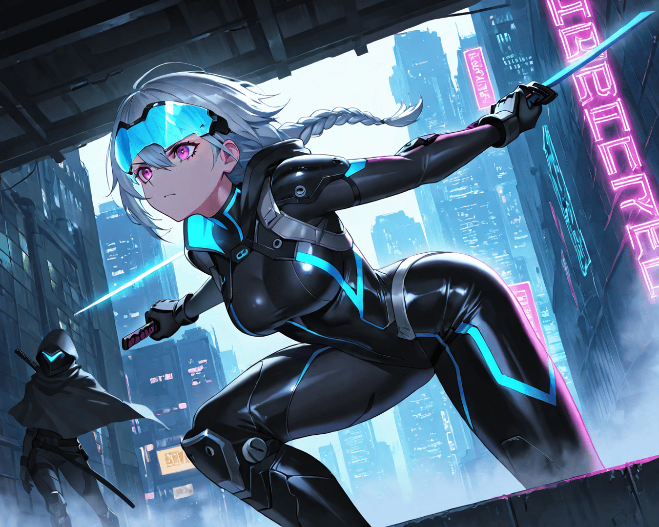 AI generated wallpaper featuring cyberpunk warrior, neon blade