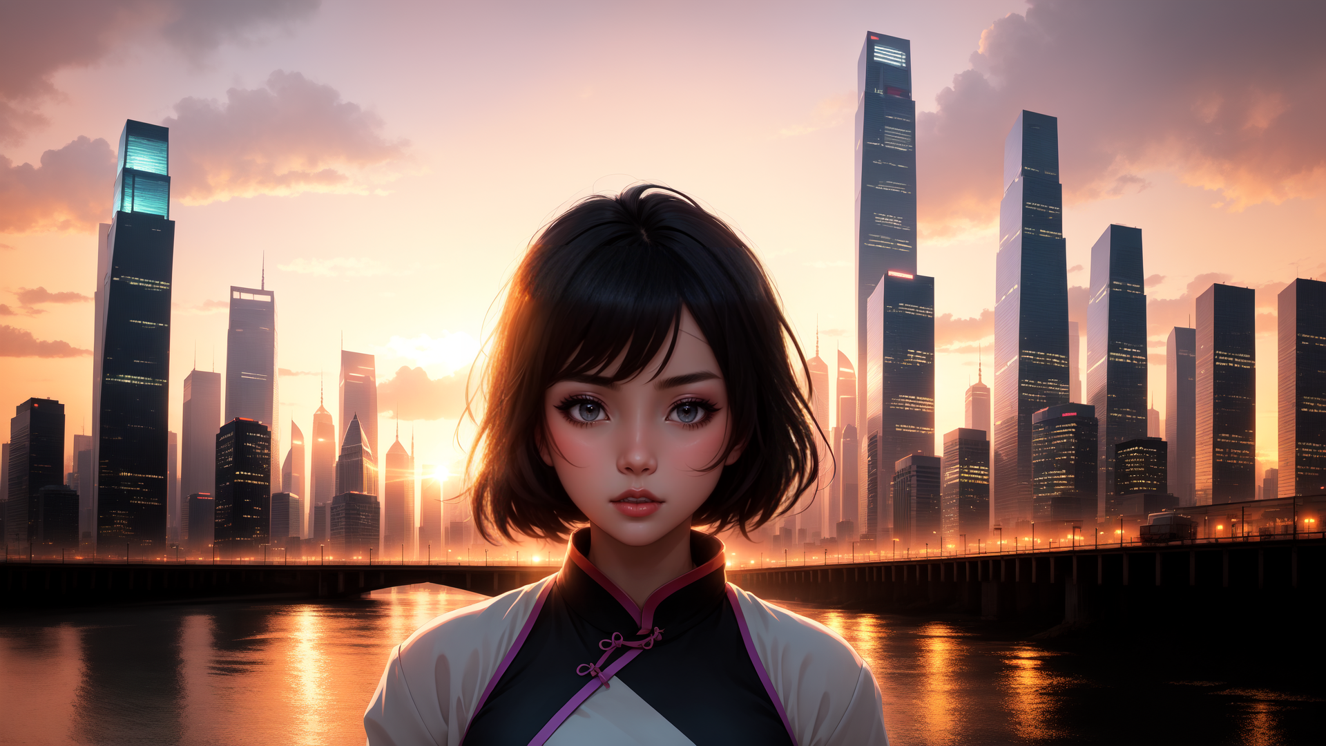 AI generated wallpaper featuring woman, cityscape, river