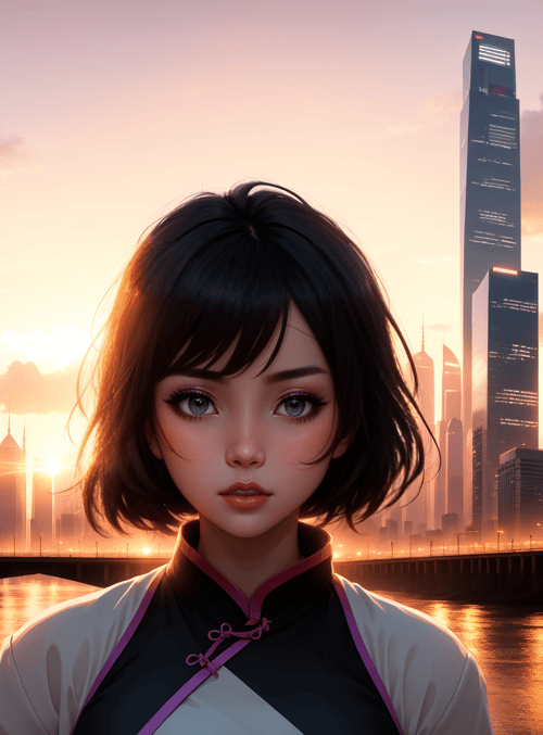 woman, cityscape, river