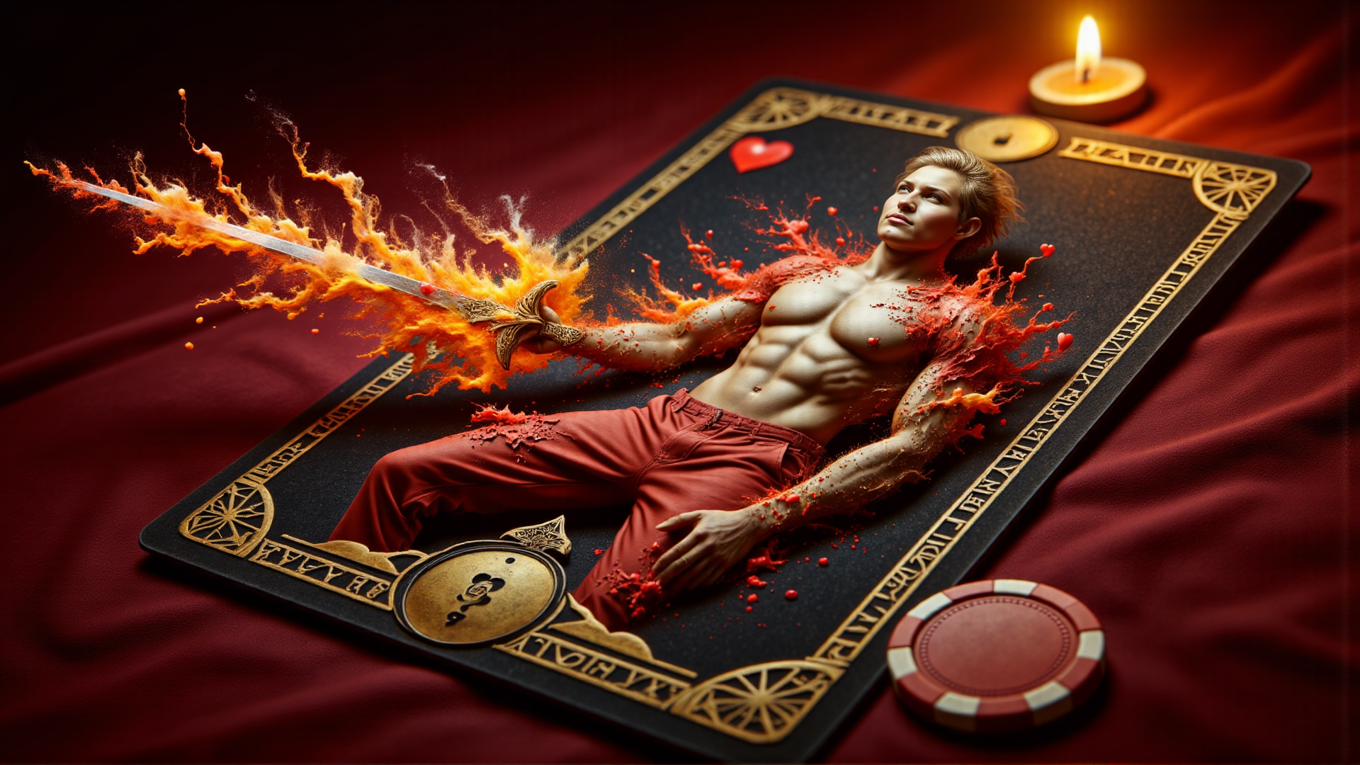 AI generated wallpaper featuring man, sword, card