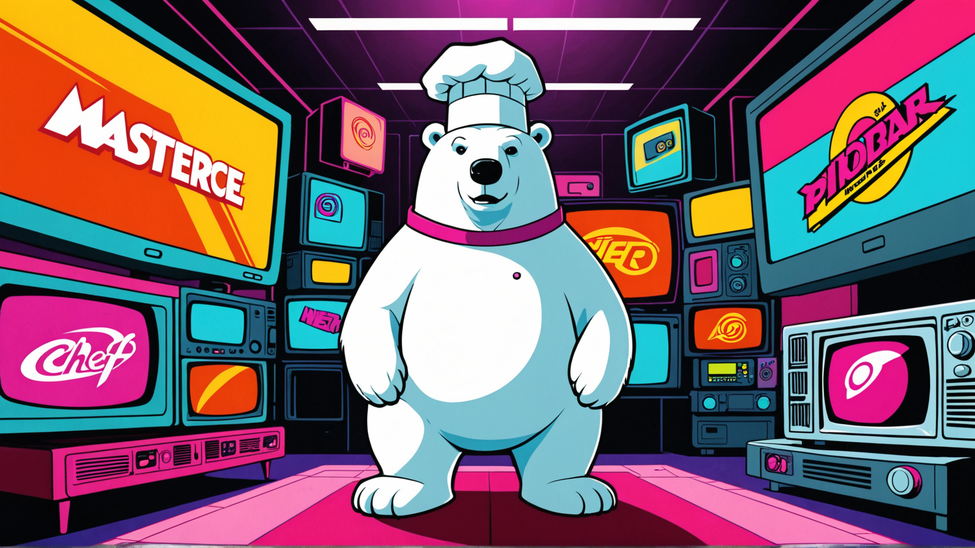 AI generated wallpaper featuring polar bear, chef, television, wallpaper