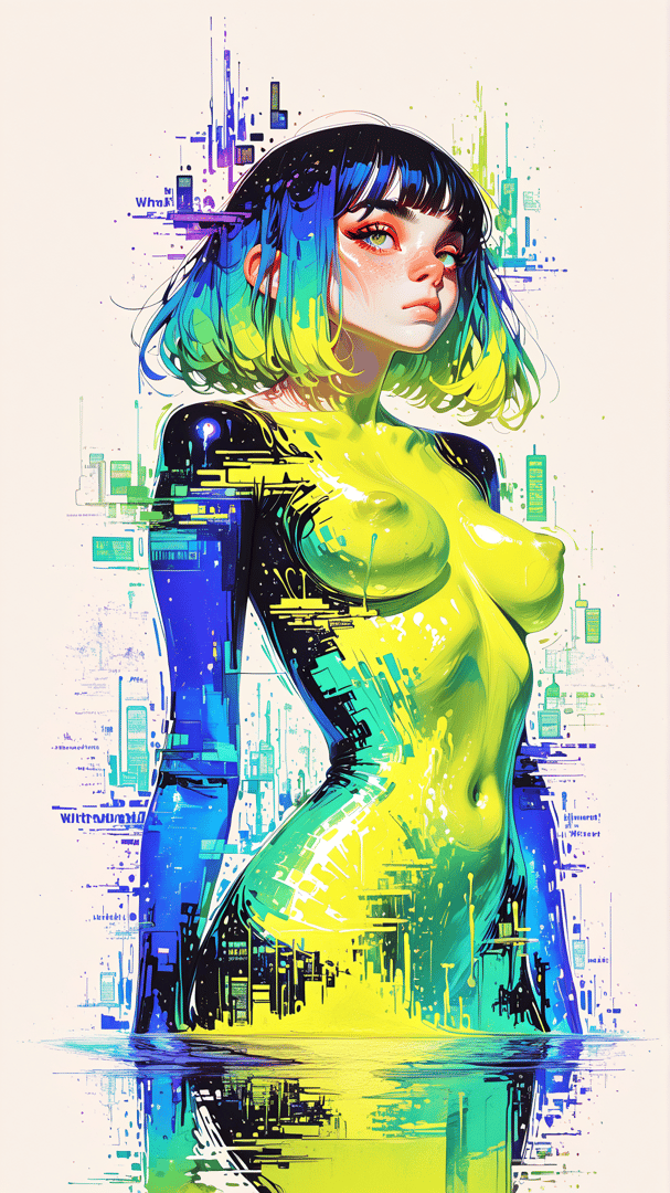 AI generated wallpaper featuring woman, cityscape, digital, neon, glow