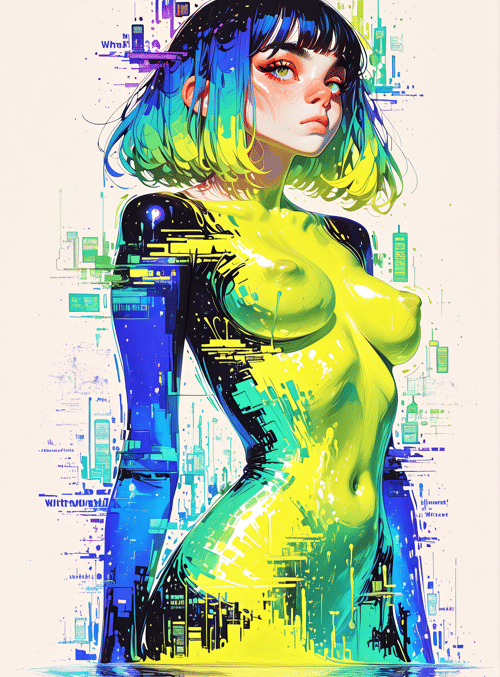 woman, cityscape, digital, neon, glow