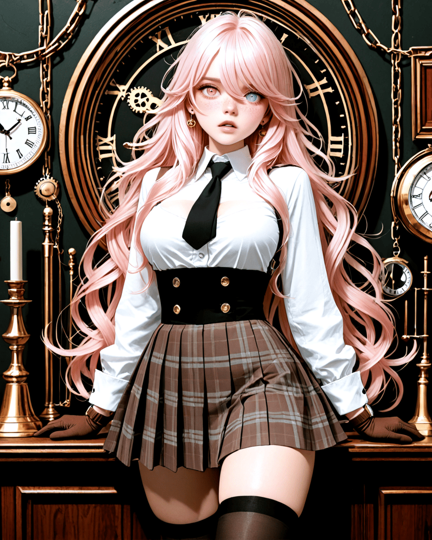 AI generated wallpaper featuring pink hair, school uniform, clock, gloves, girl