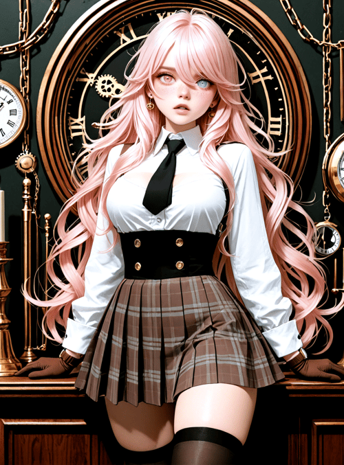 pink hair, school uniform, clock, gloves, girl