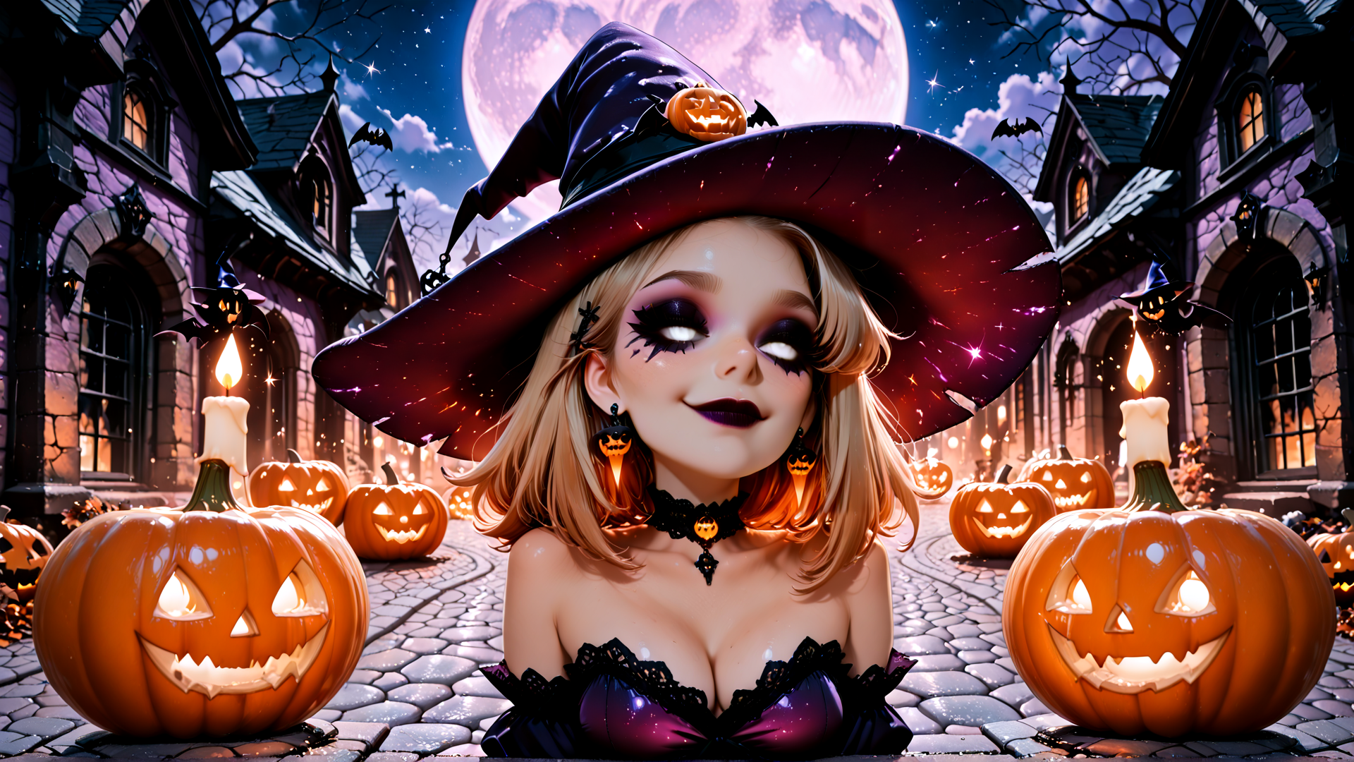 AI generated wallpaper featuring witch, pumpkin, candle, moon, house, bat, jack-o'-lantern, choker, hat, lattice