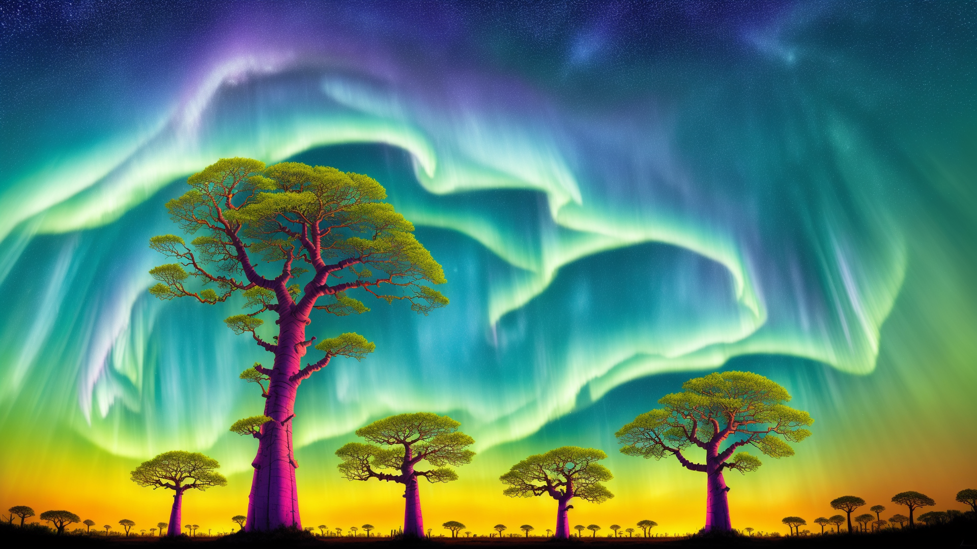 AI generated wallpaper featuring trees, aurora, sky