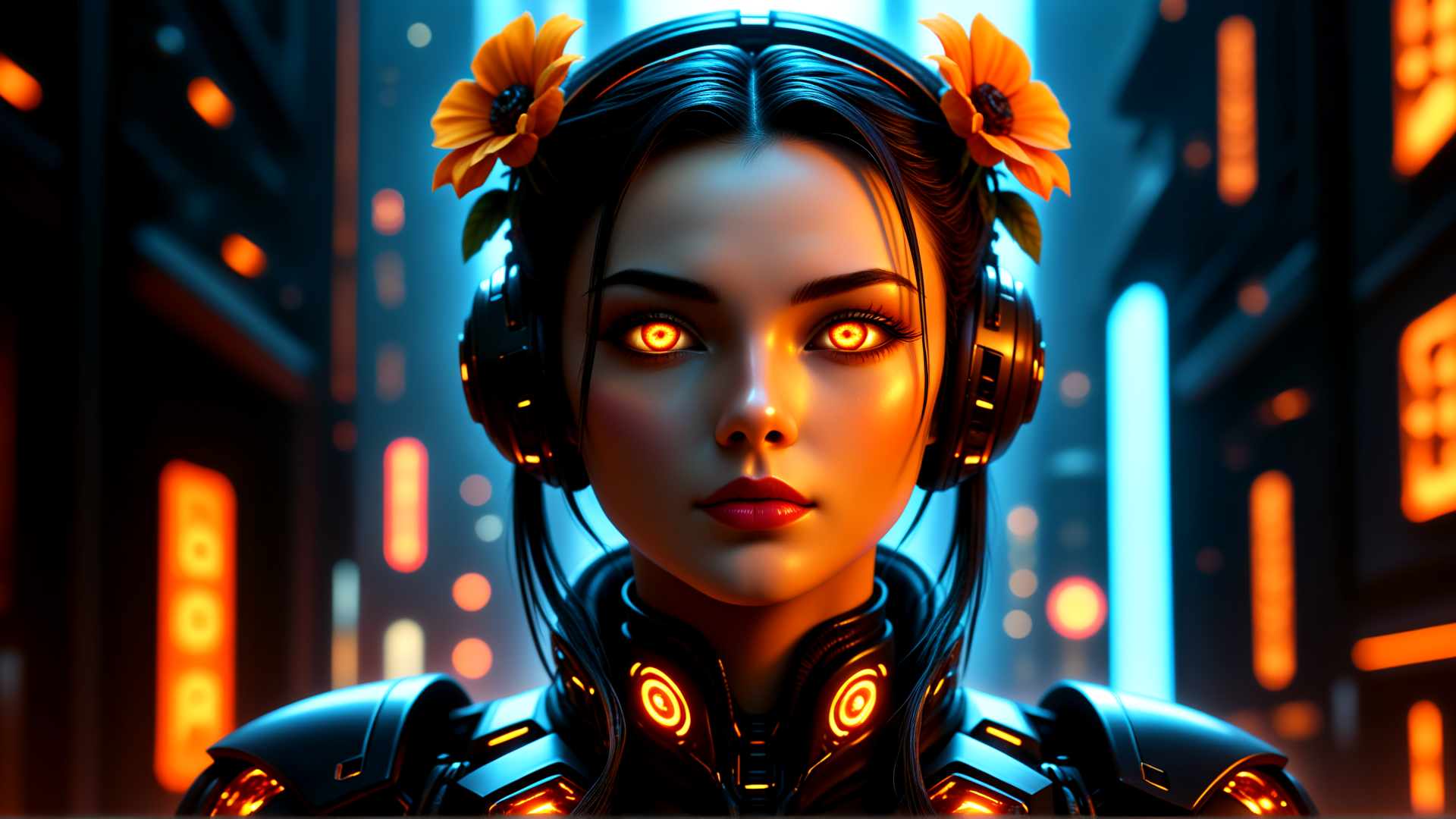 AI generated wallpaper featuring cyborg, woman, headphones, flowers, gears, neon, cityscape, robot, futurism, glowing