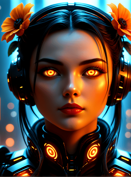 cyborg, woman, headphones, flowers, gears, neon, cityscape, robot, futurism, glowing