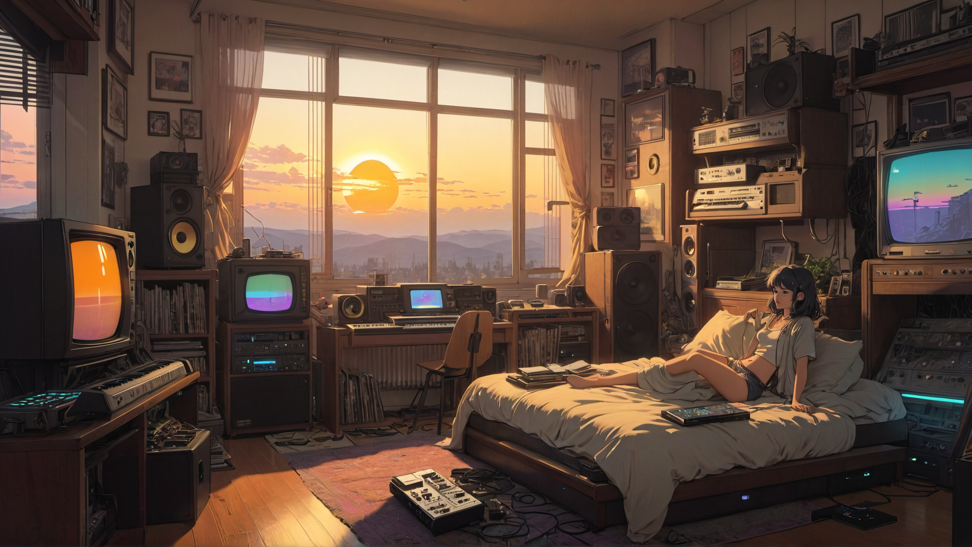 AI generated wallpaper featuring girl, room, electronics