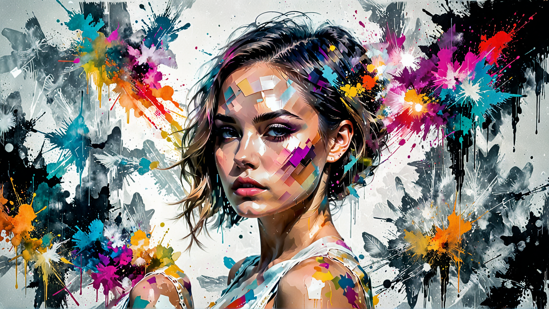 AI generated wallpaper featuring woman, paint splatter, abstract art, surreal portrait