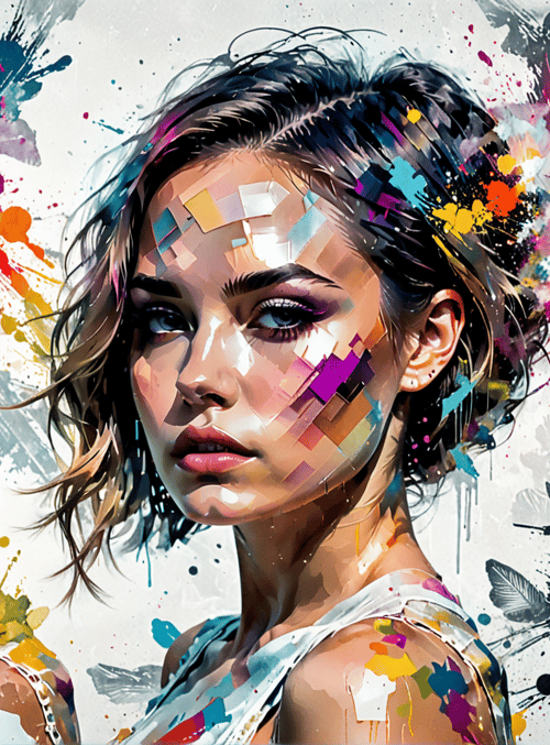 woman, paint splatter, abstract art, surreal portrait