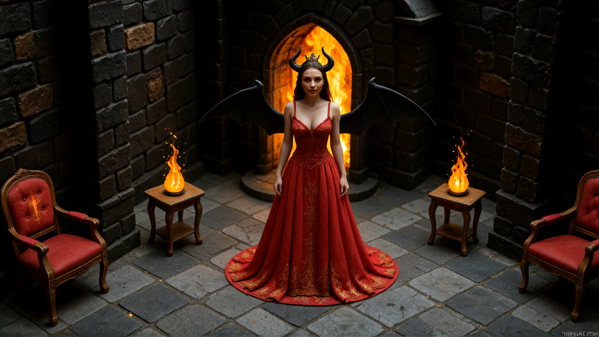 AI generated wallpaper featuring woman, devil, dress, wings, castle, fire, chair, crown, stone, flame