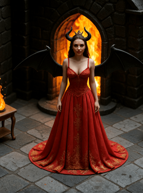 woman, devil, dress, wings, castle, fire, chair, crown, stone, flame