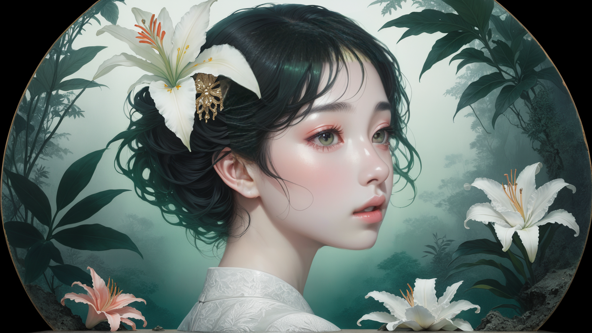 AI generated wallpaper featuring woman, lilies, forest