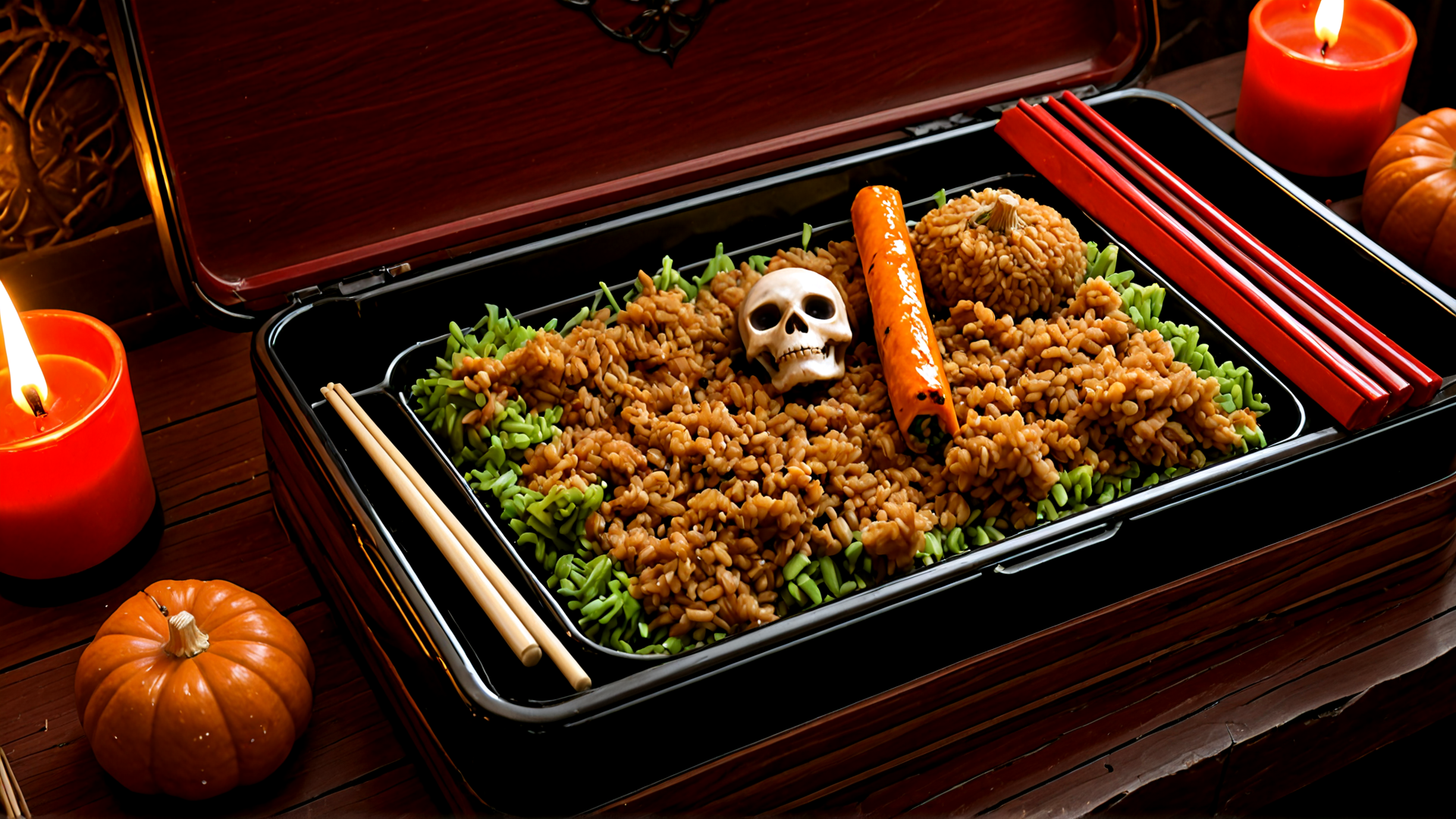 AI generated wallpaper featuring rice, skull, pumpkin, carrot, chopsticks, candle, tray, gourd, rice cake, green bean
