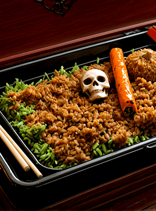 rice, skull, pumpkin, carrot, chopsticks, candle, tray, gourd, rice cake, green bean